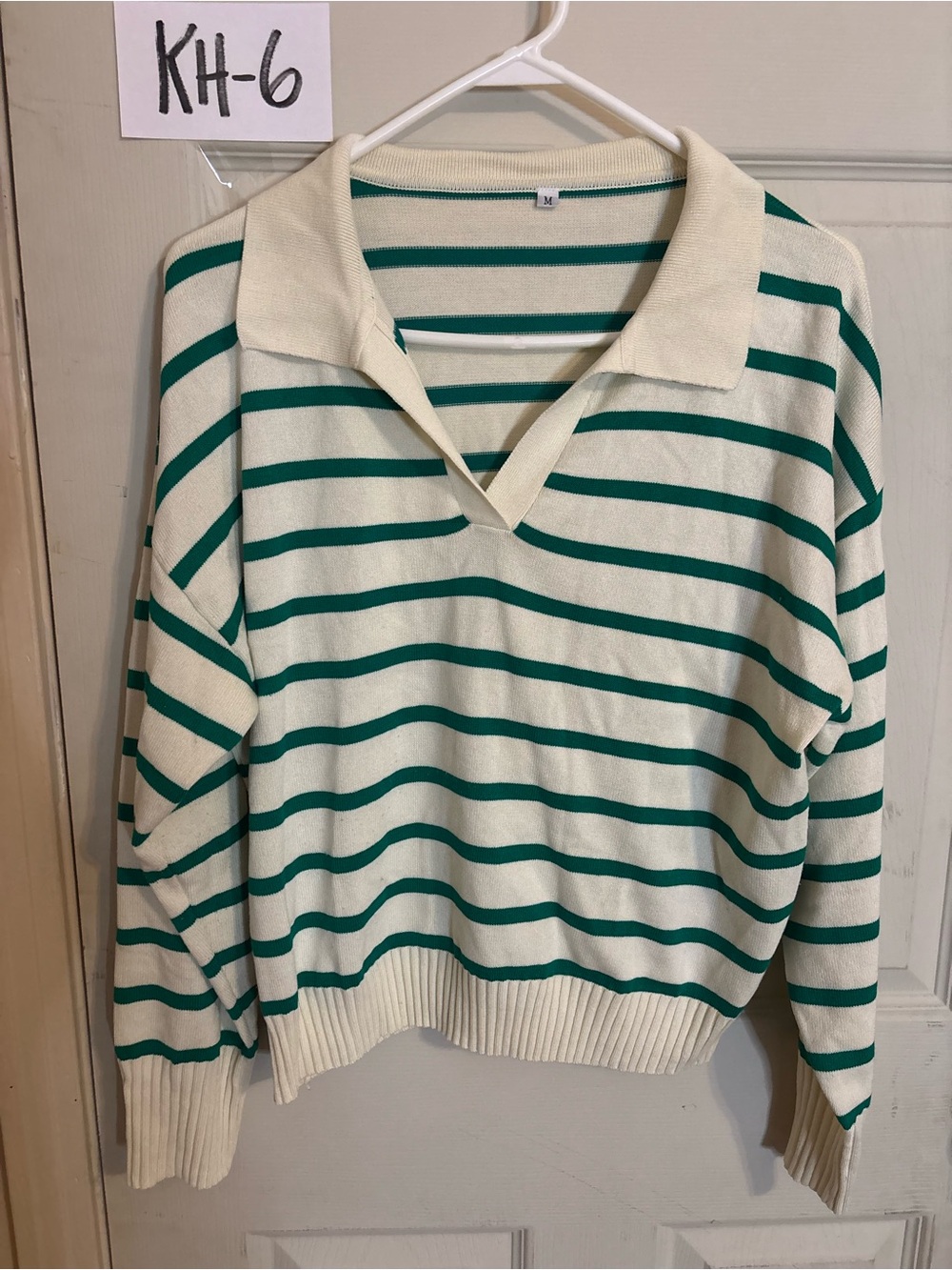 Striped Green and White Polo Collar Sweater
